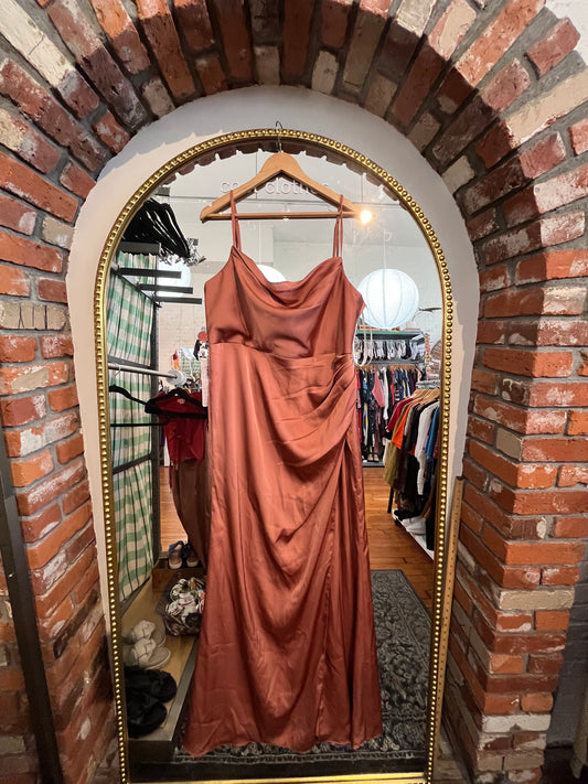 Azazie metallic pink swoopy bridesmaid dress size 18
