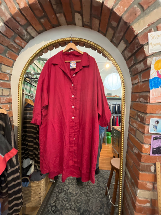 size flex burgundy linen Muna + Broad pattern dress - boxy