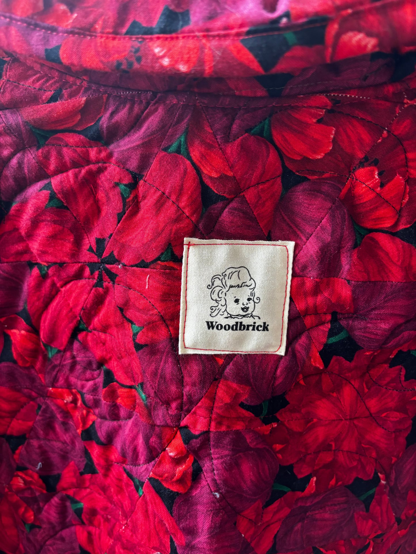 size XL quilted jacket by Woodbrick - extra long classic cut, red tulips