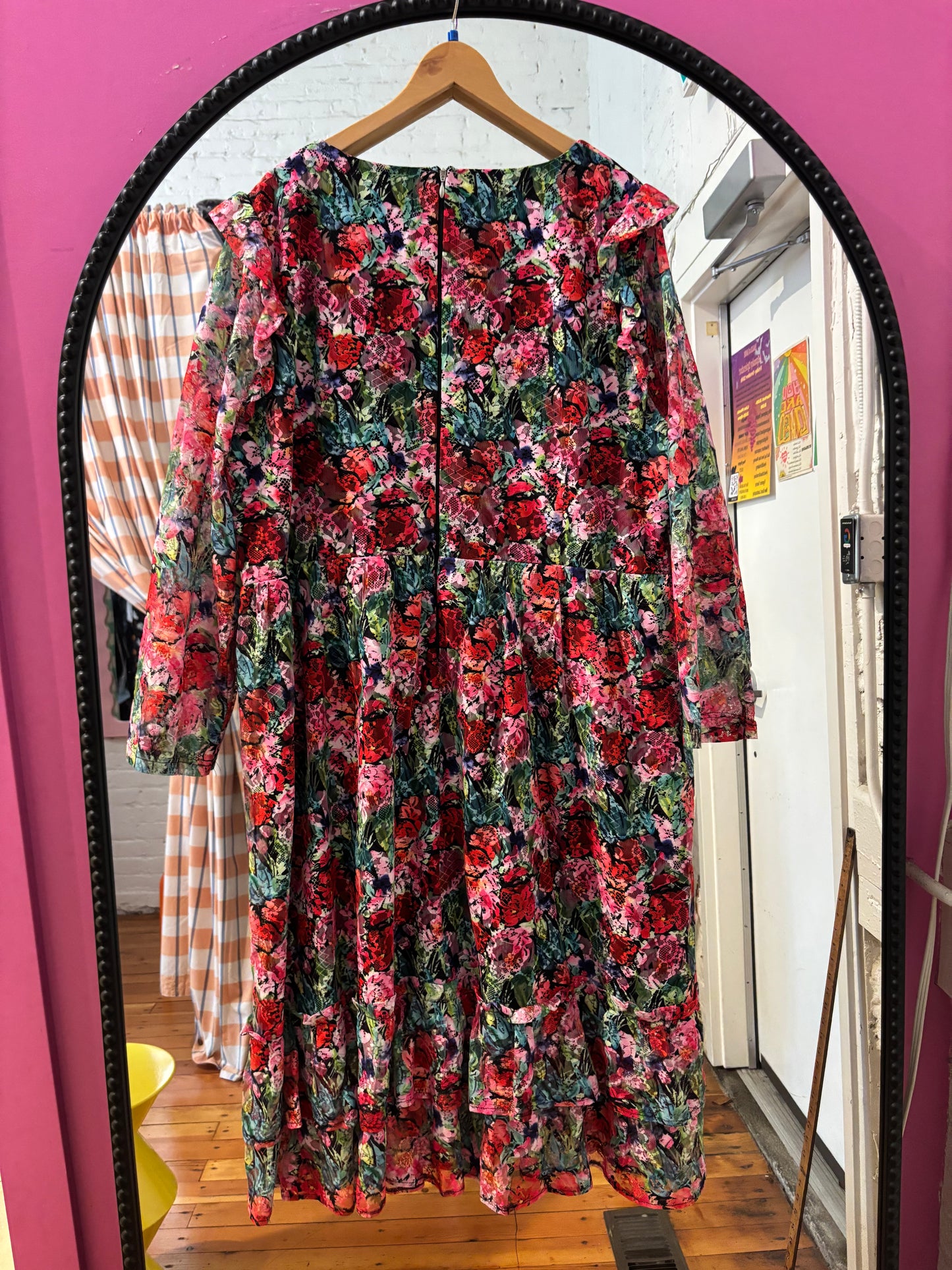 size 22 red poink floral meshy lace Little Mistress dress - midi