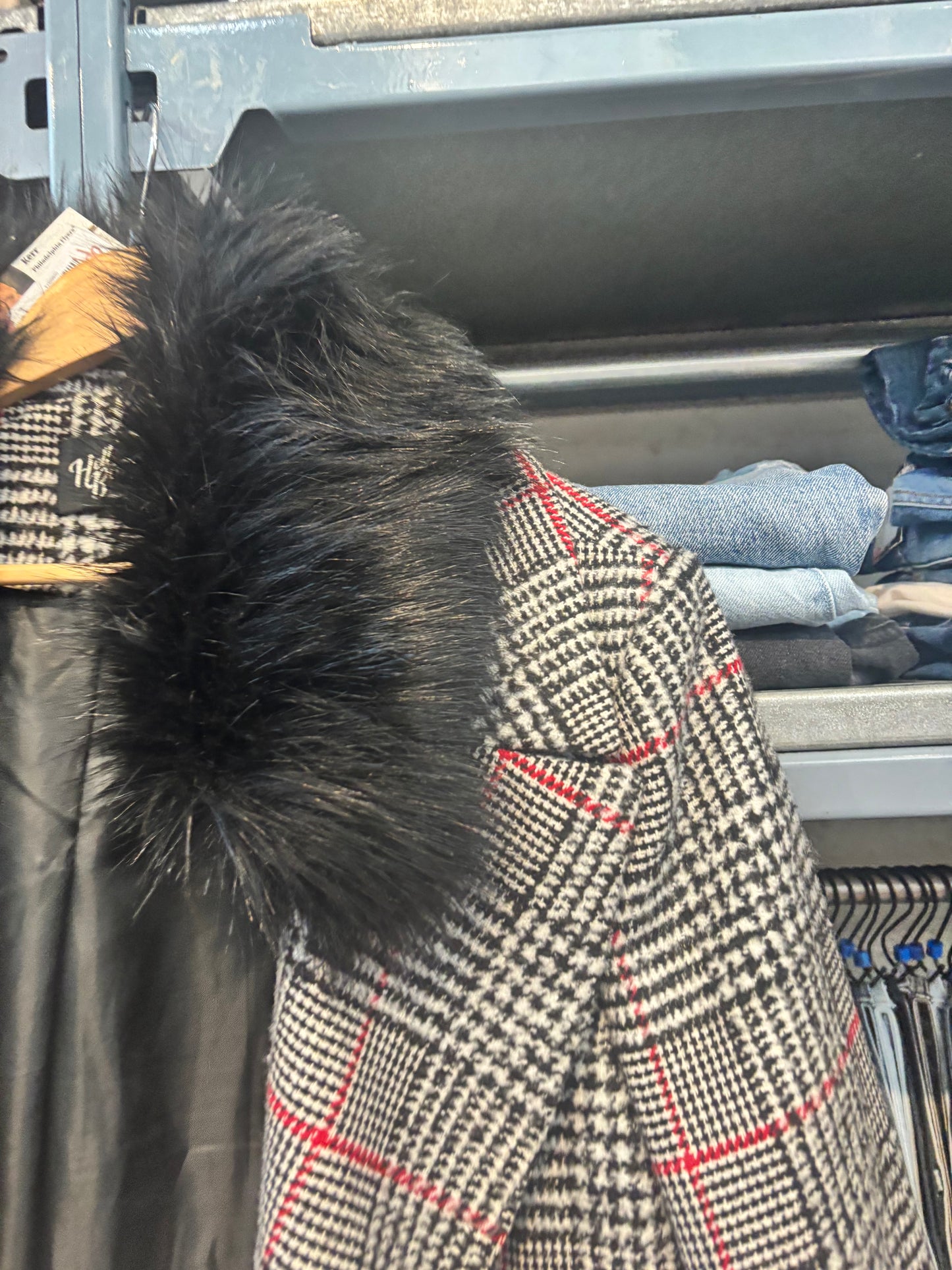 size UK22 black white with red houndstooth Hell Bunny jacket - long