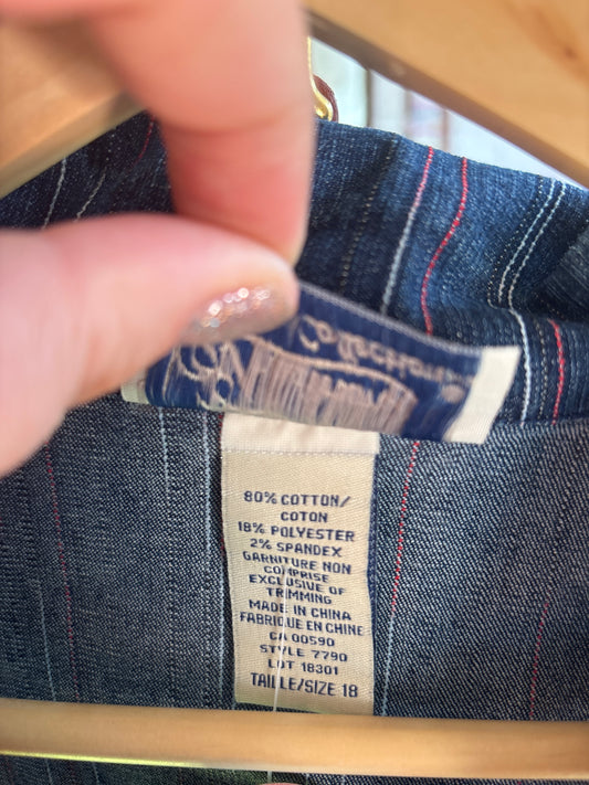 size 18 denim with red VINTAGE Tradition vest