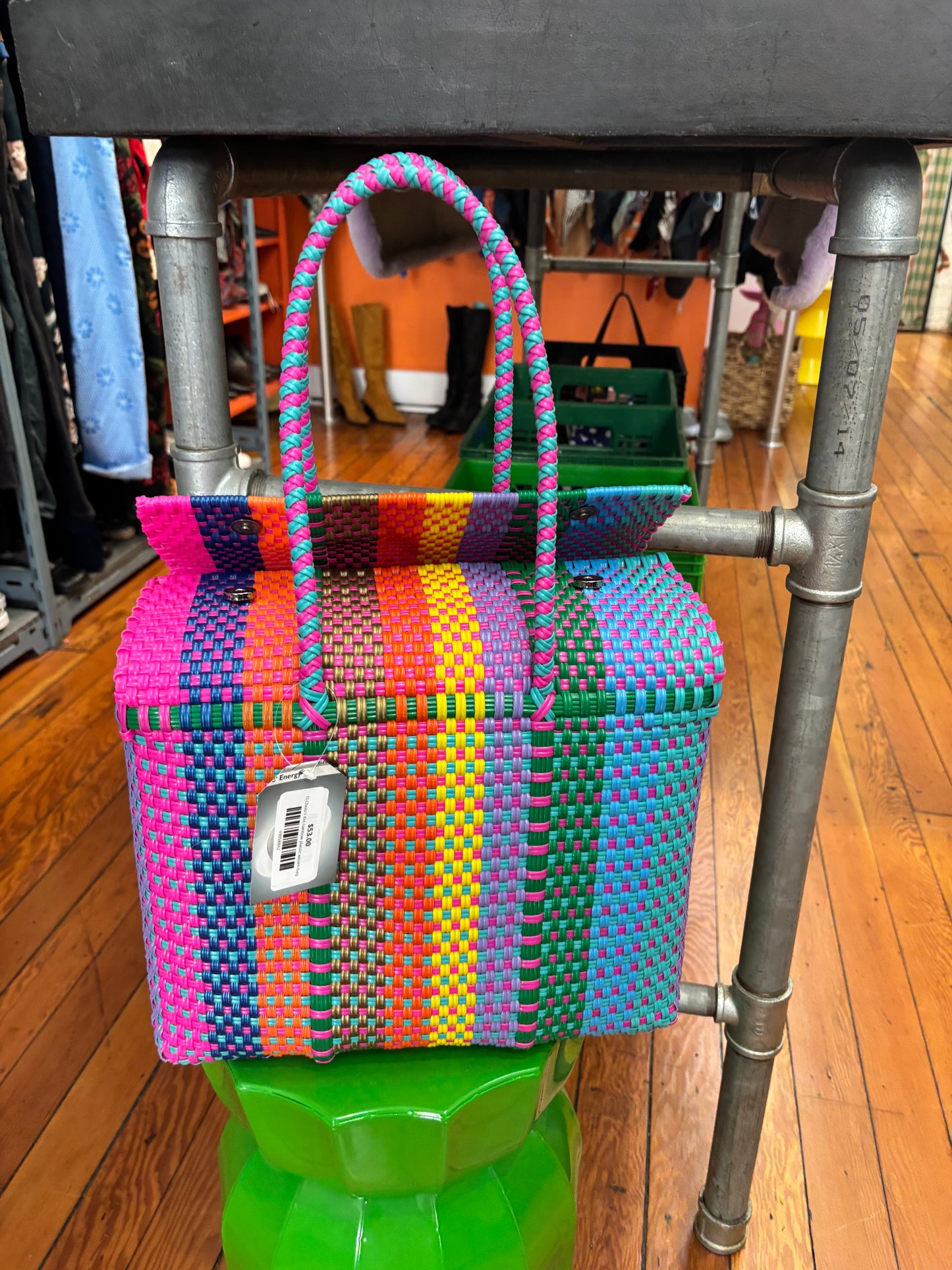 El Cholo's Kid rainbow plastic woven bag