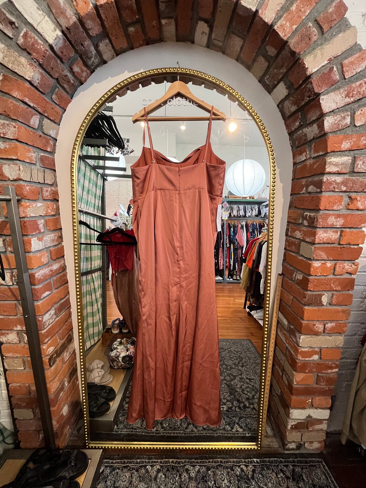 Azazie metallic pink swoopy bridesmaid dress size 18