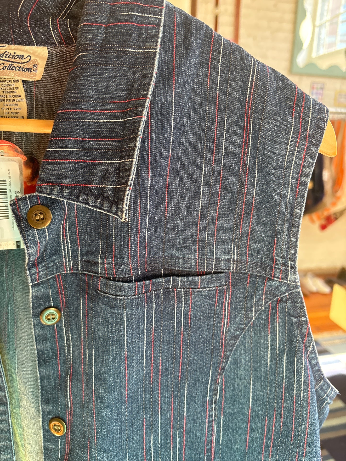 size 18 denim with red VINTAGE Tradition vest