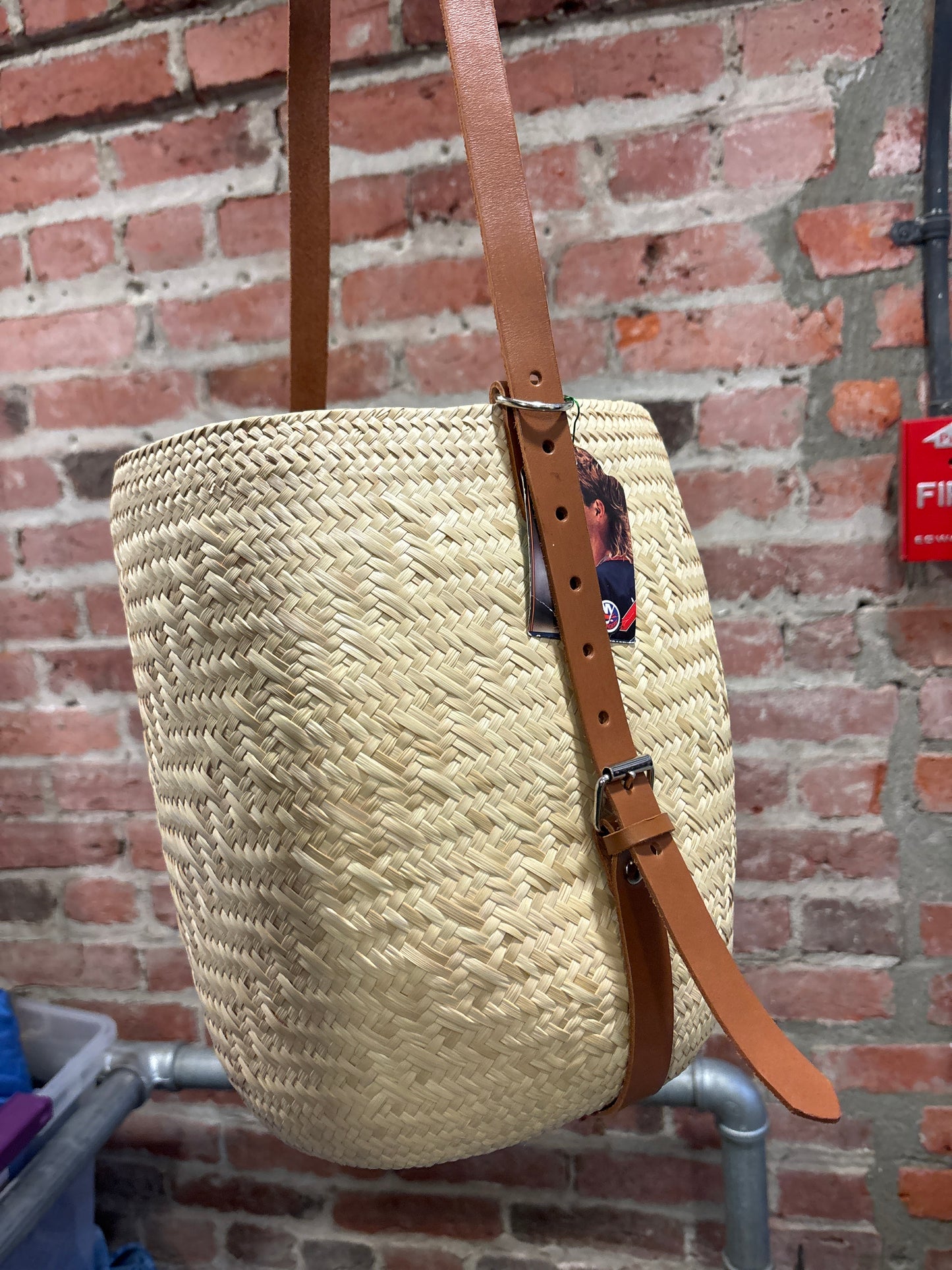 o/s light palm and leather Hecho and Co sling tote
