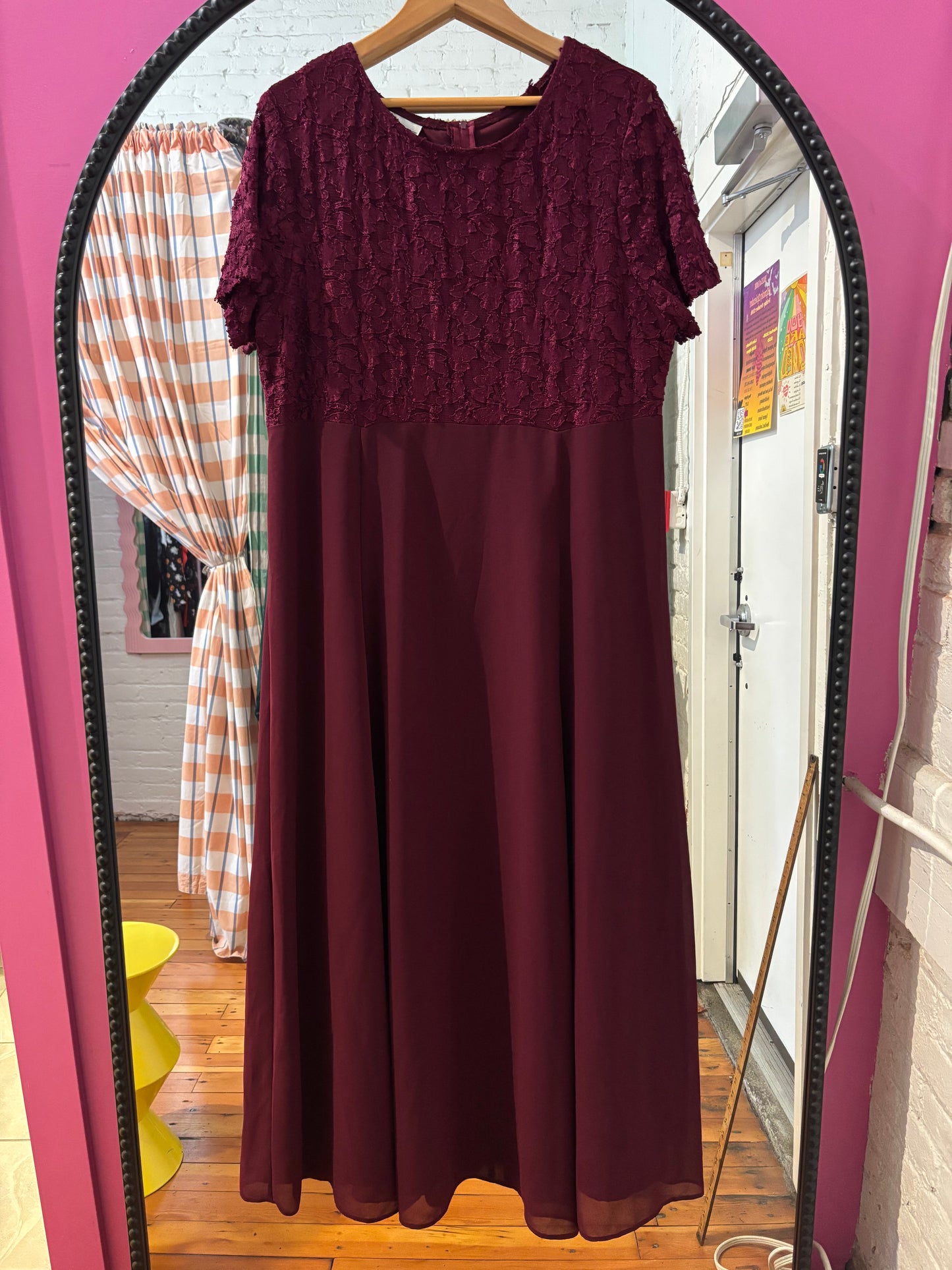 size 18 burgundy lace long vintage Michel Antoni dress -90s