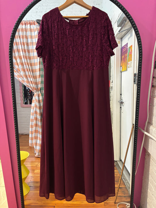 size 18 burgundy lace long vintage Michel Antoni dress -90s