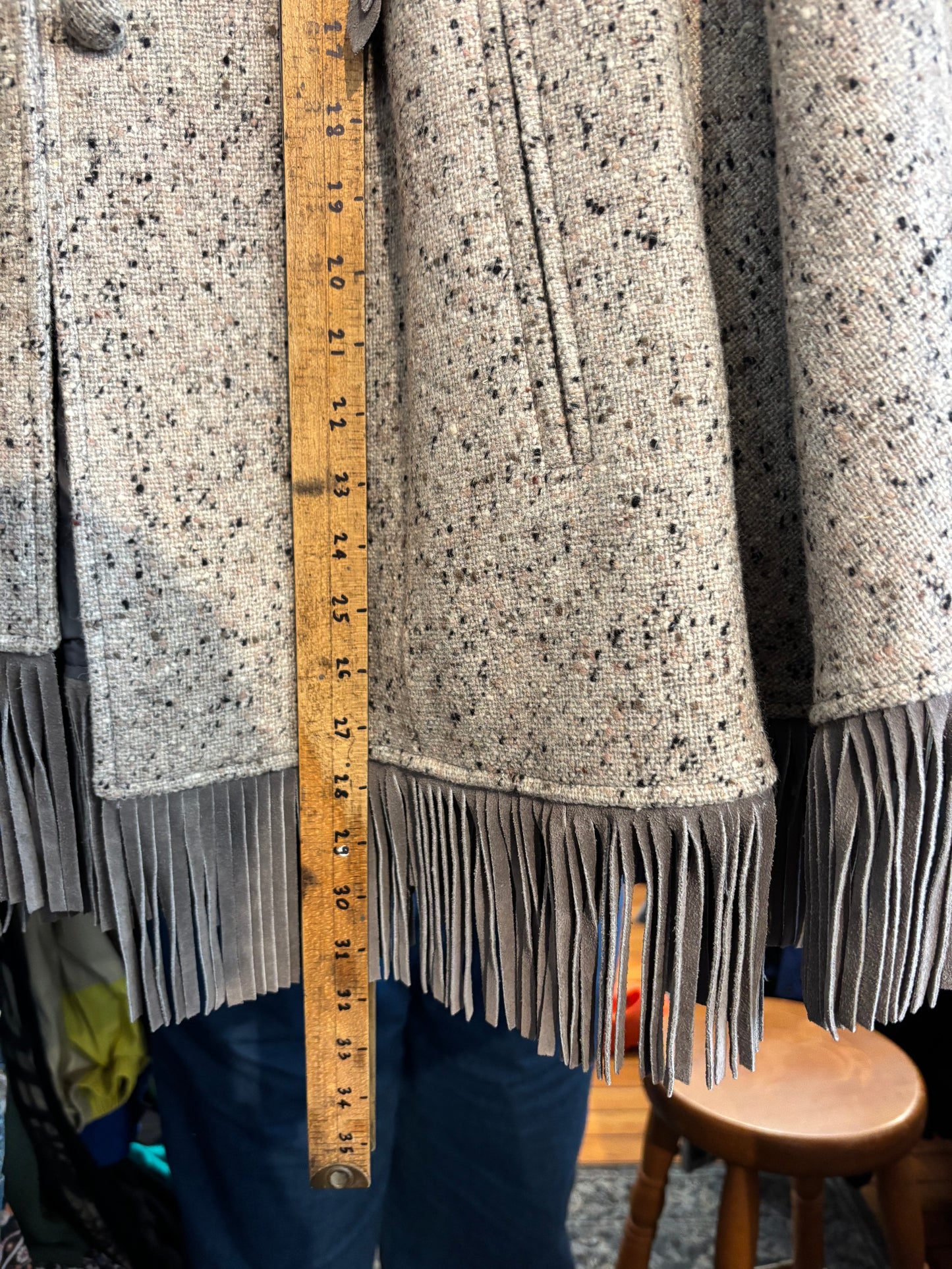 flex size grey speck with suede tassle Pioneer Wear vintage poncho cape