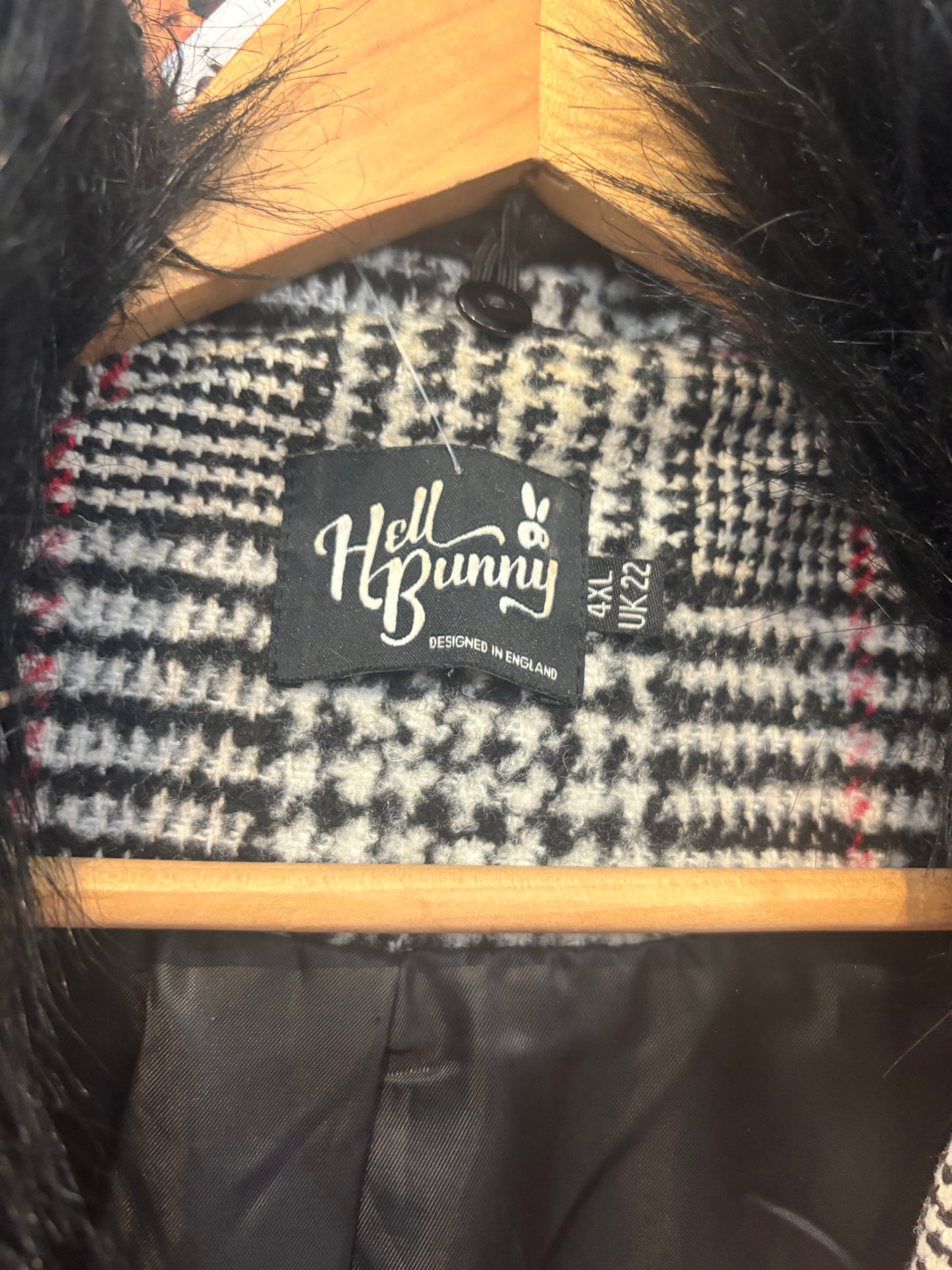 size UK22 black white with red houndstooth Hell Bunny jacket - long