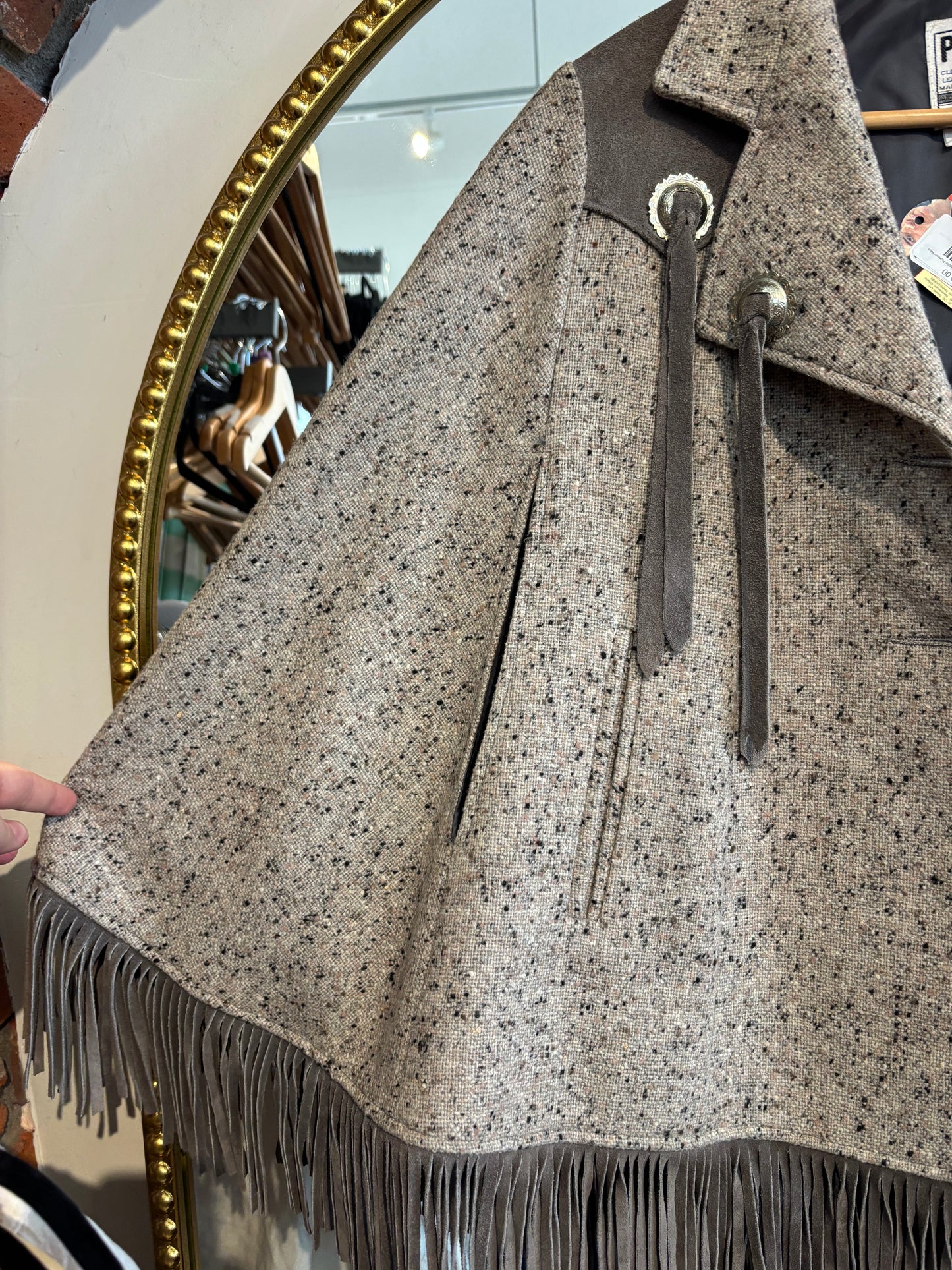 flex size grey speck with suede tassle Pioneer Wear vintage poncho cape