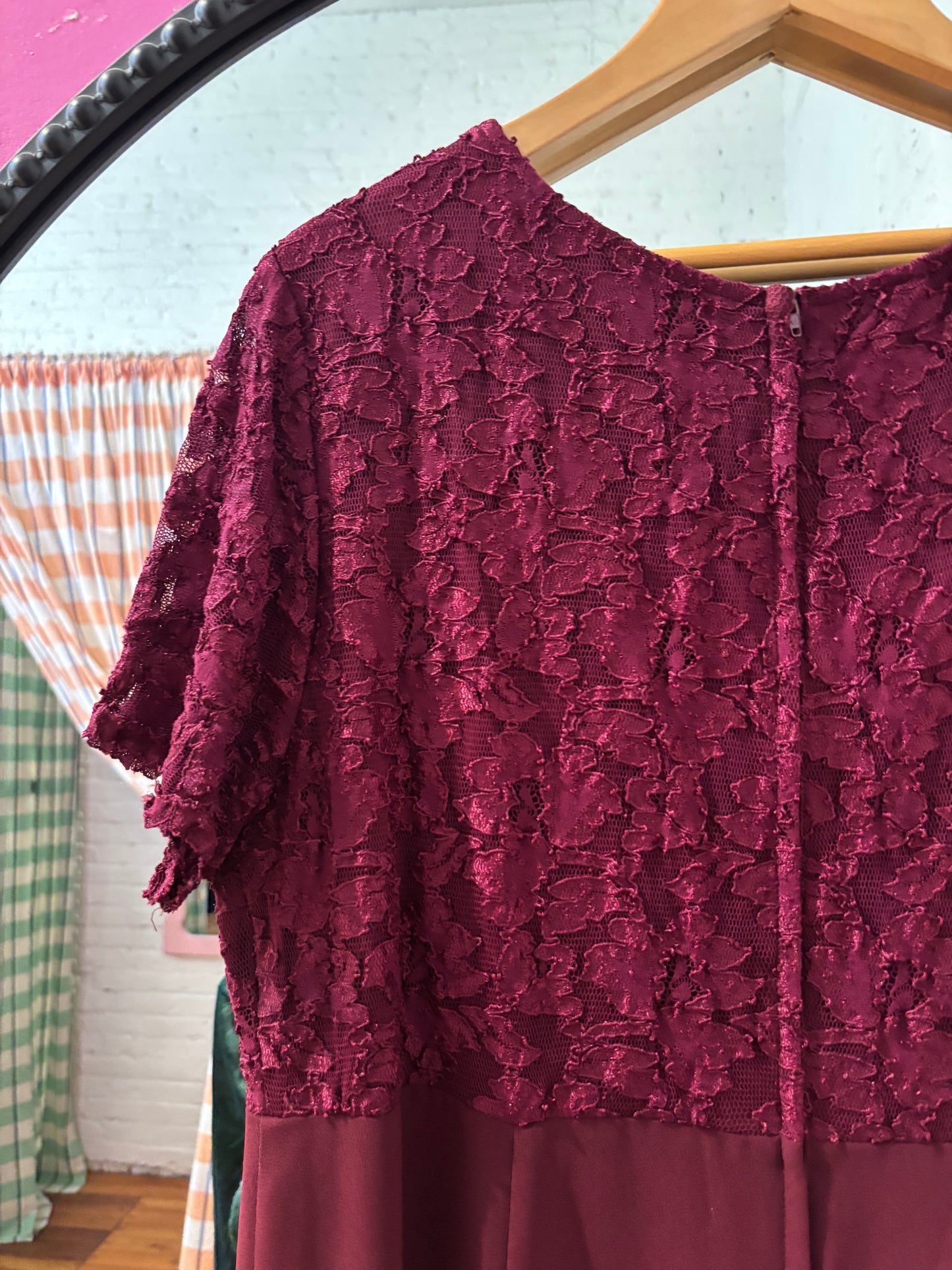 size 18 burgundy lace long vintage Michel Antoni dress -90s