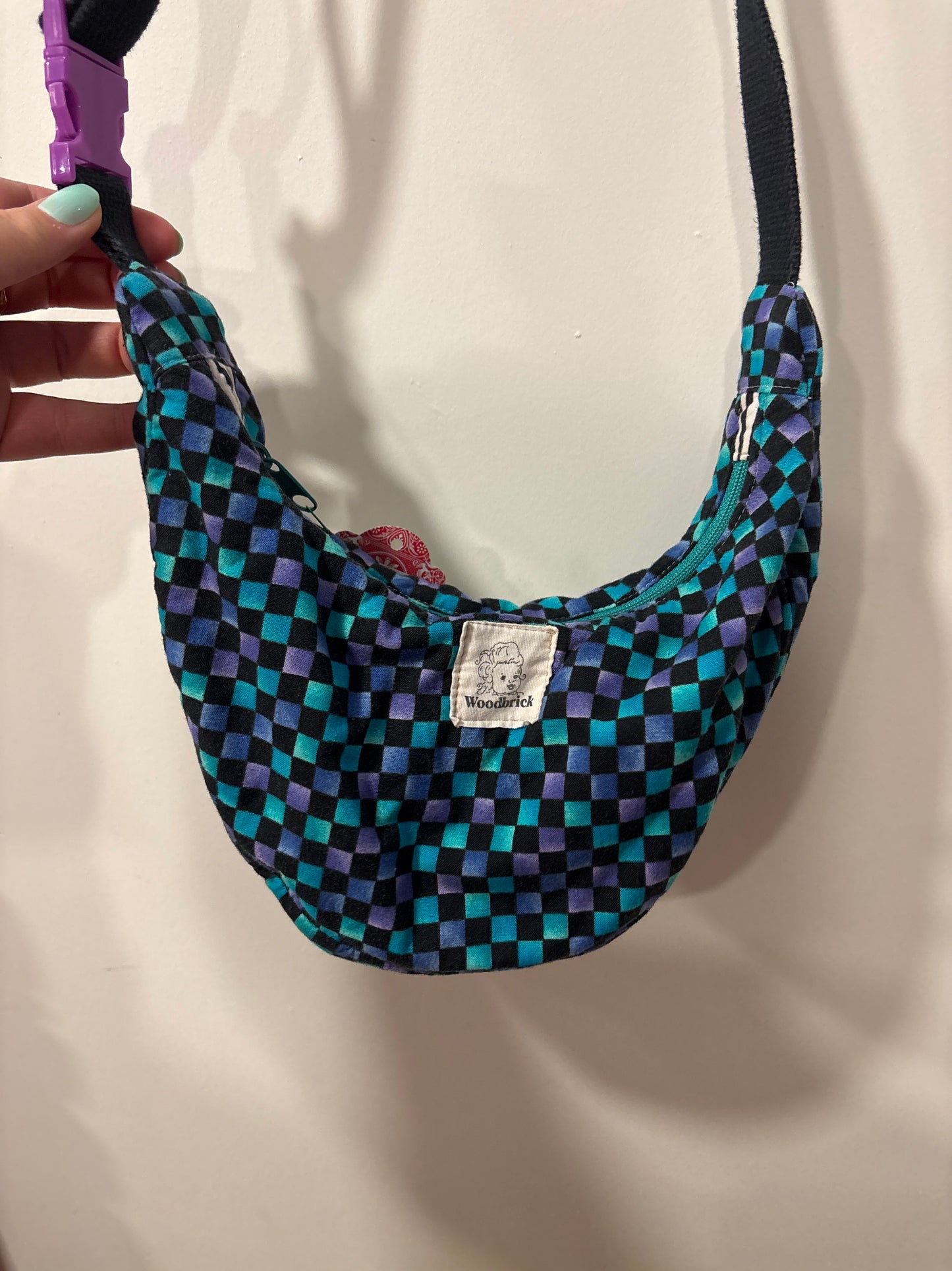Mini blue purple checker Woodbricks crescent bag