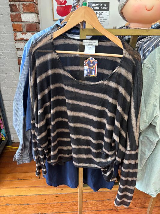 size L black beige stripe linen Ivan Grundahl top - long sleeve