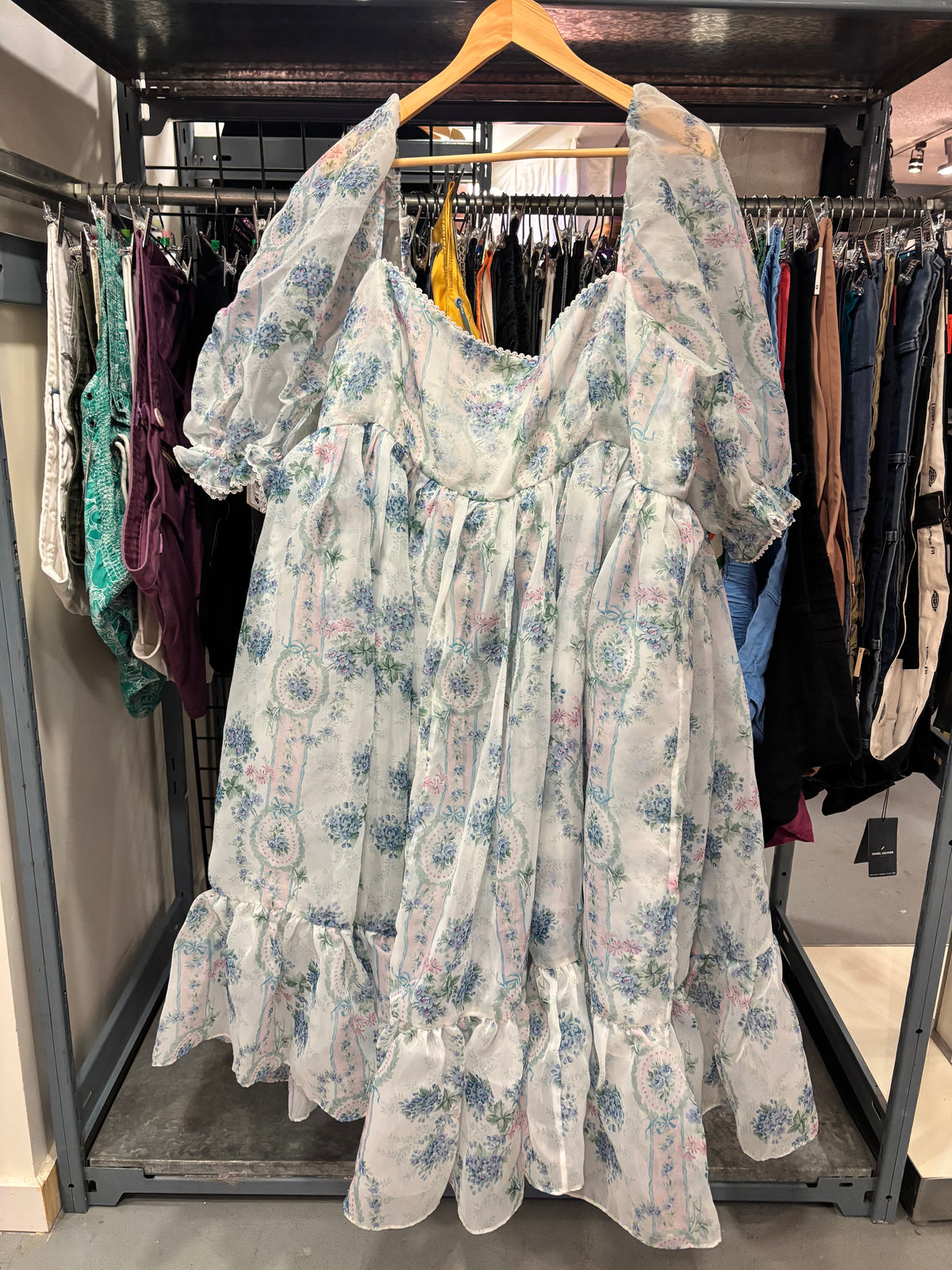 size 3-4X La Belle Etoile Organza French Puff Blue and White SELKIE dress - longer