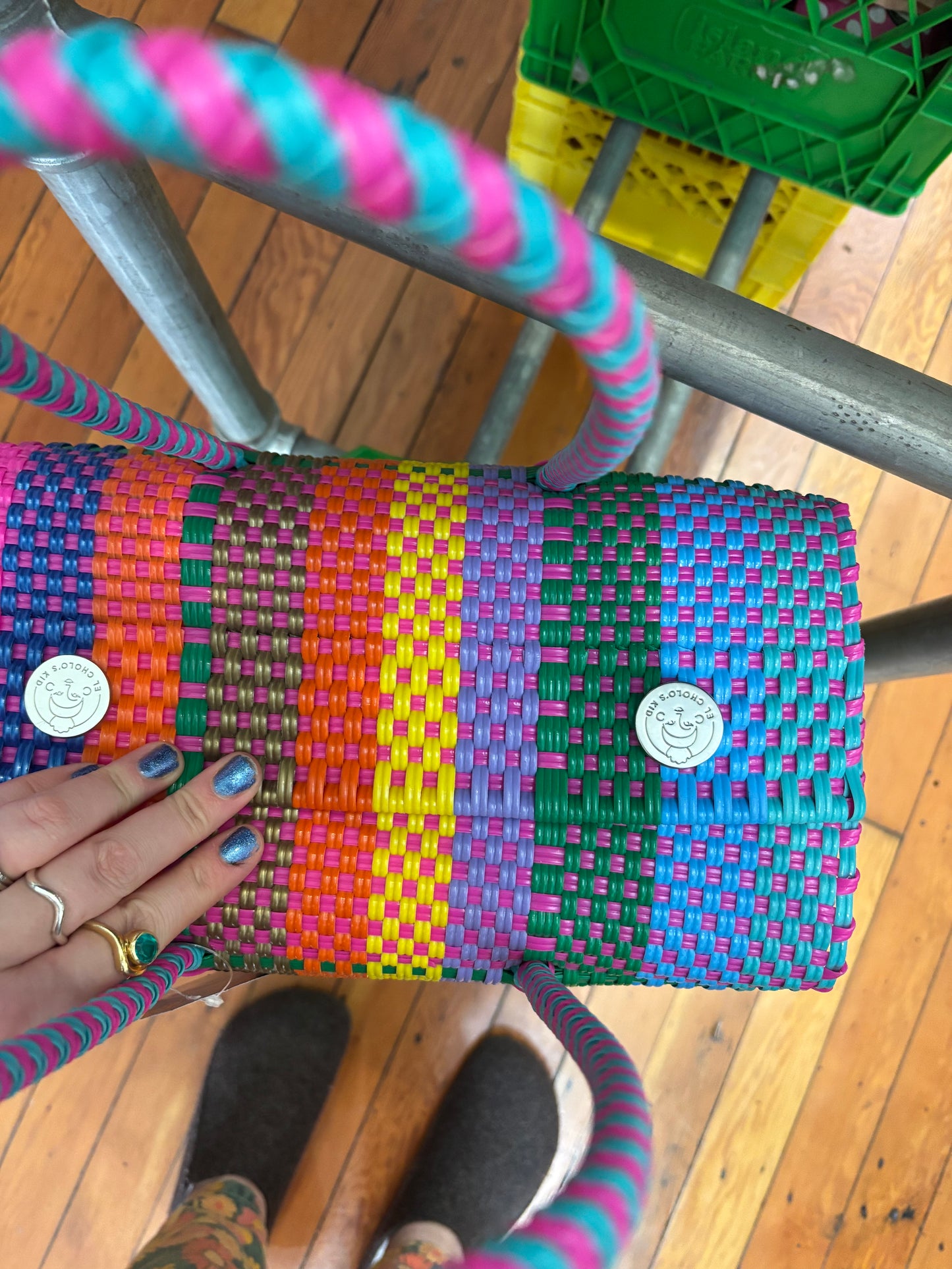 El Cholo's Kid rainbow plastic woven bag