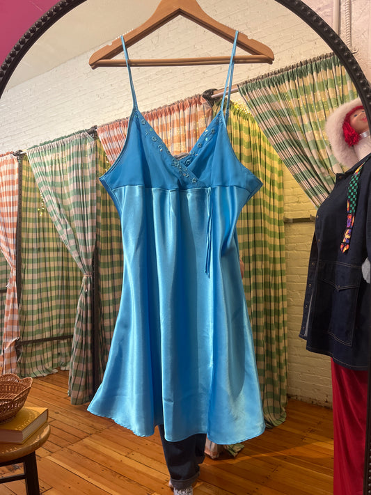 size L teal satin  VINTAGE Lokie Fashions slip dress - short