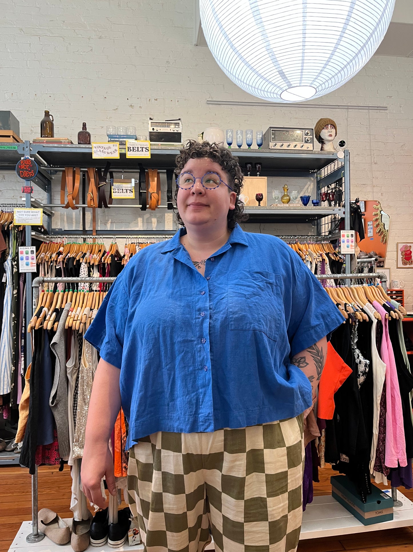 size OS+ cobalt LINEN Nettles Studio top - button up