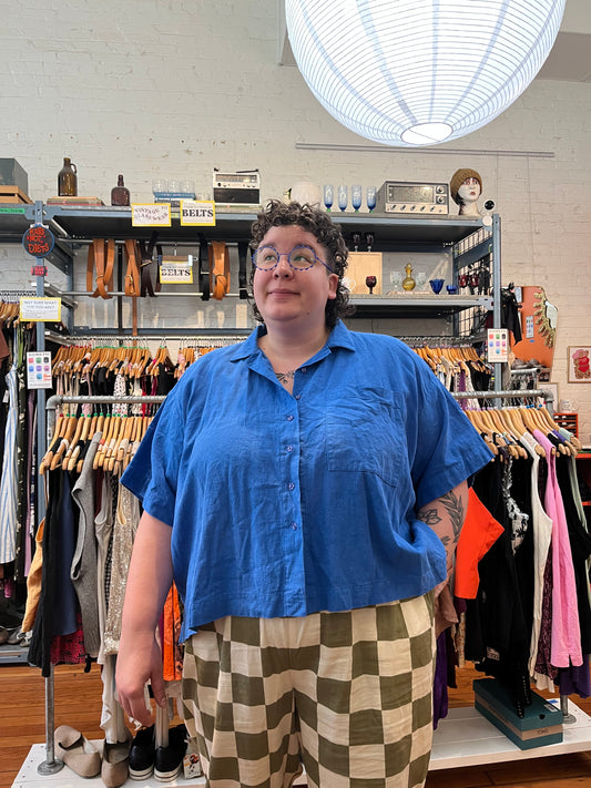 size OS+ cobalt LINEN Nettles Studio top - button up
