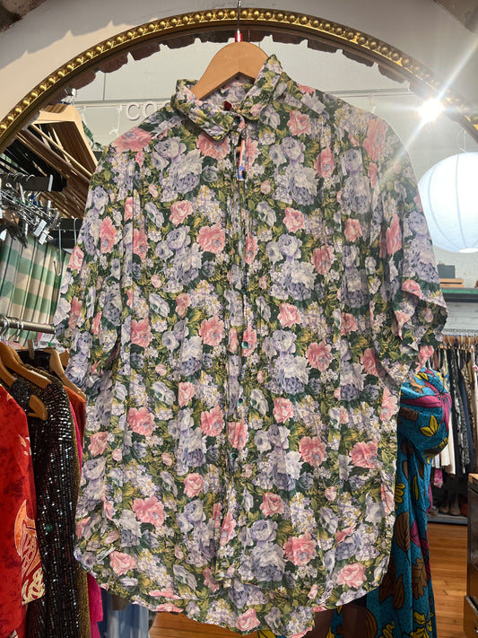 size L/G blue green floral rayon ViNTAGE That Girl top - buttonup