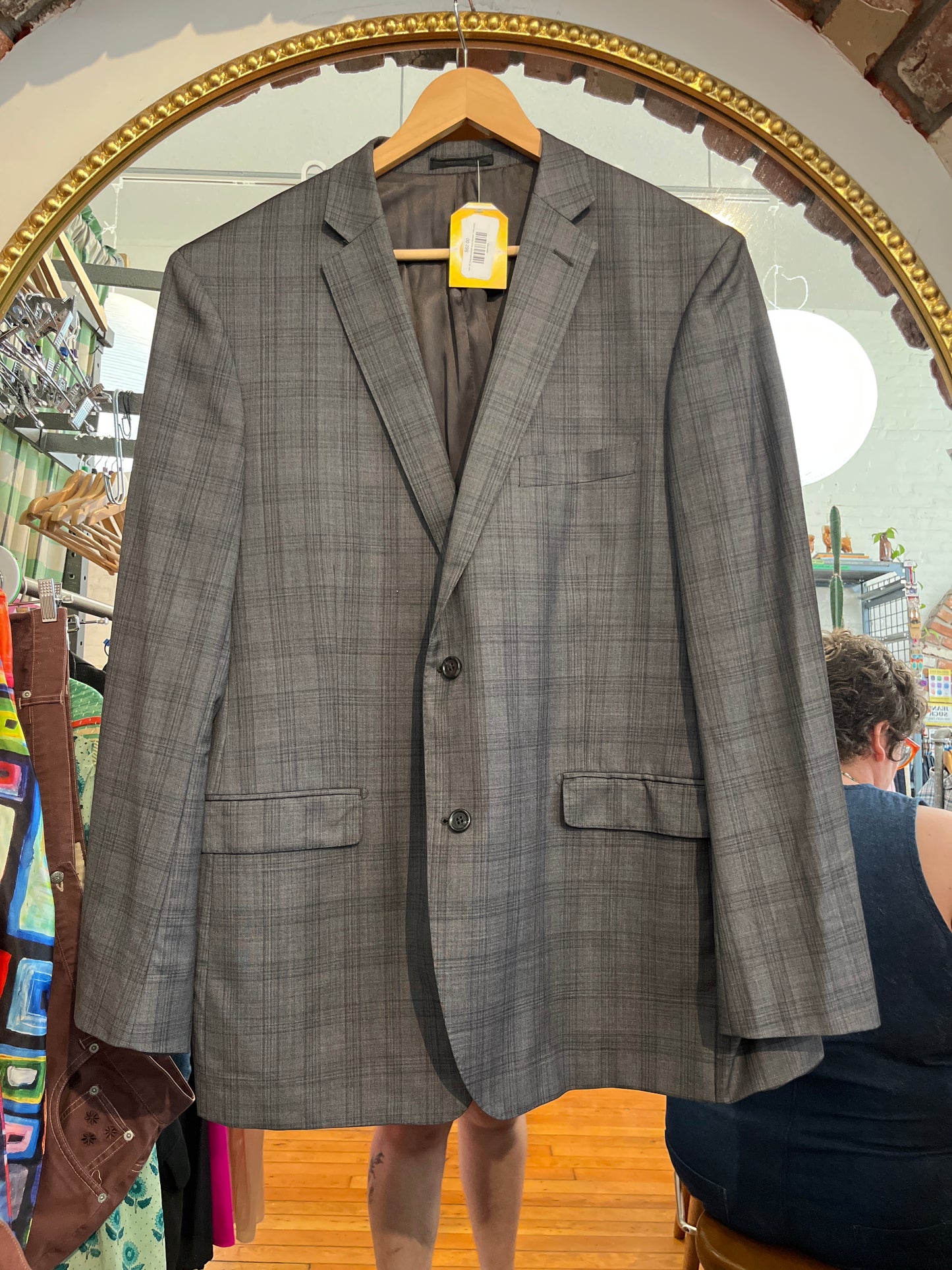 size 46 long grey plaid wool Moores Talia blazer sportscoat