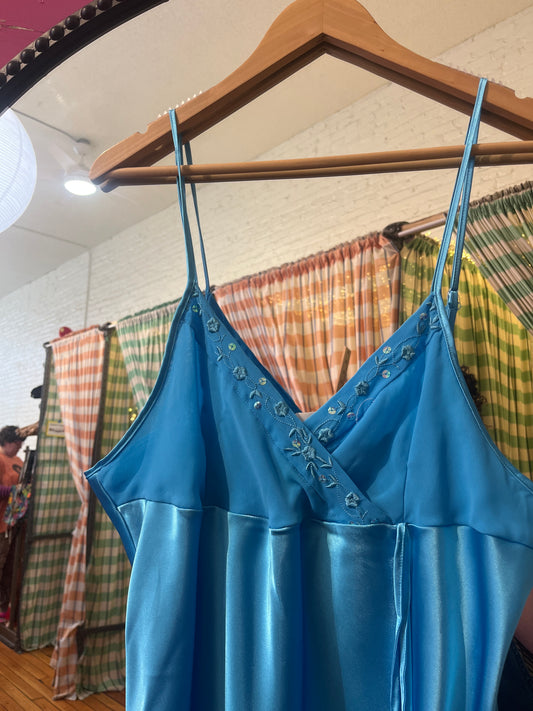 size L teal satin  VINTAGE Lokie Fashions slip dress - short