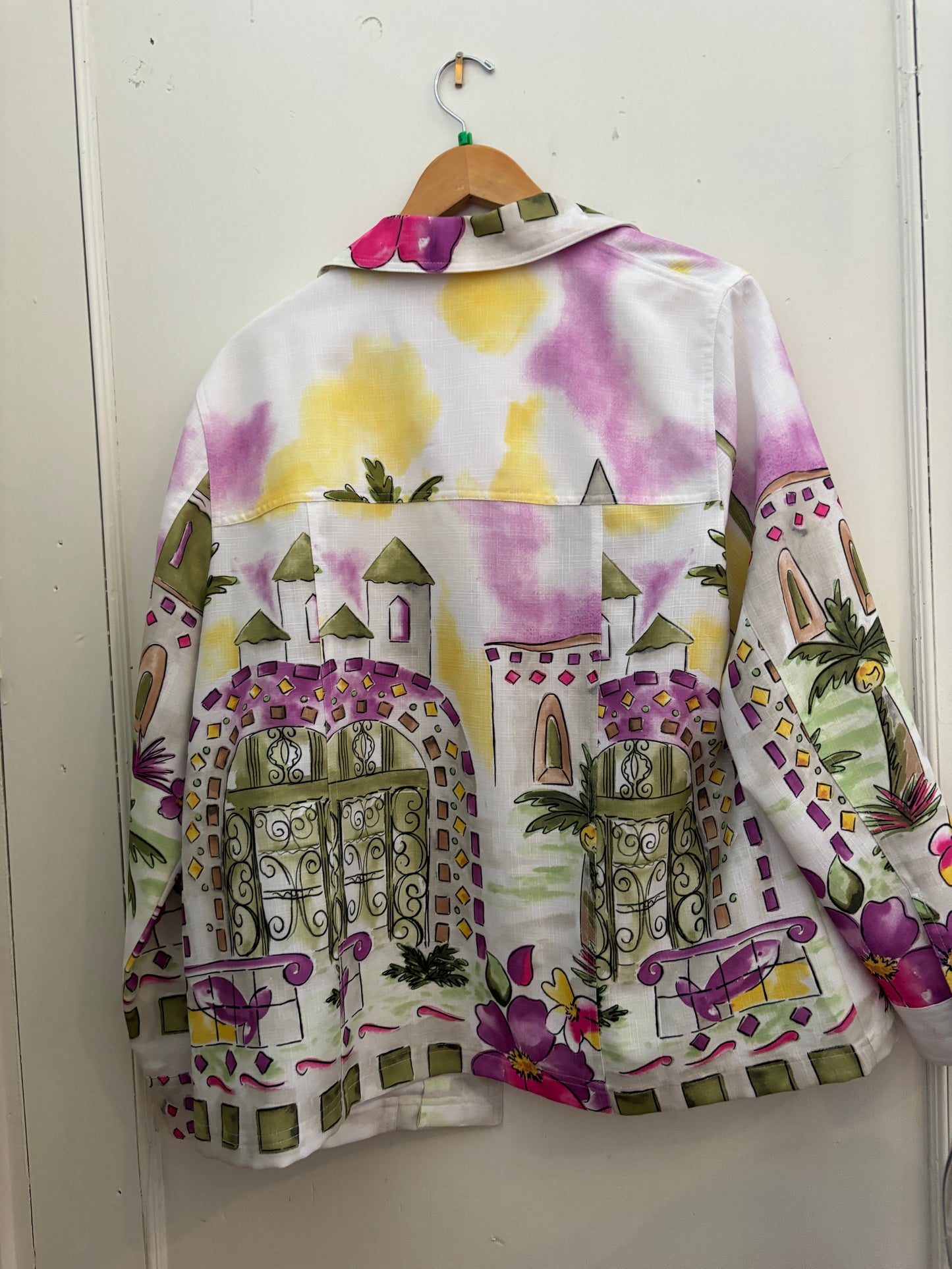 Size 18 White with green and yellow and purple troupical scene painted on  ALIA Jacket