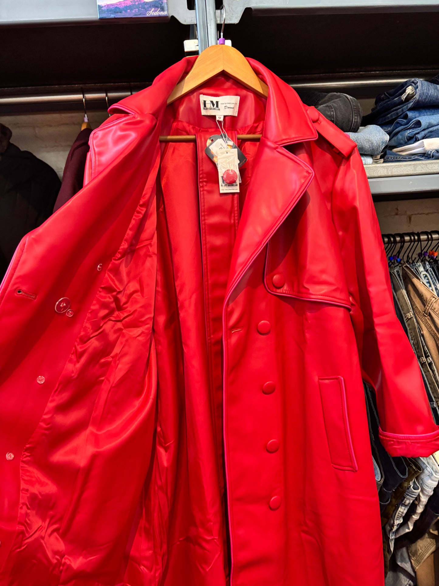 size 4X Hilary MacMillan Red Donna Faux Leather Trench