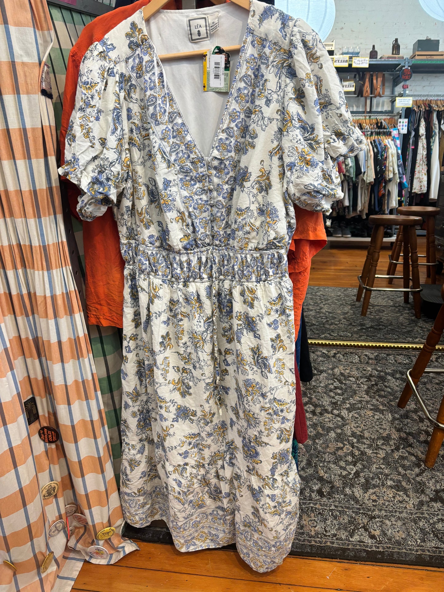 size 2X white with blue yellow florals LEA dress - maxi