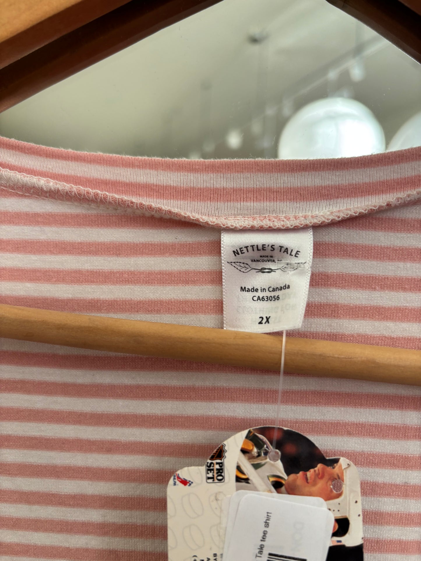size 2X pink and white stripe Nettles Tale tee shirt