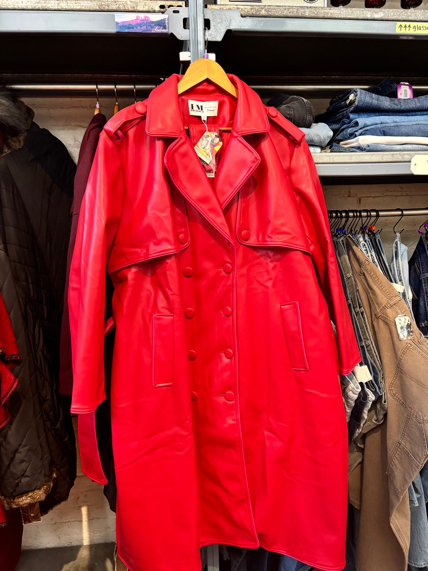 size 4X Hilary MacMillan Red Donna Faux Leather Trench