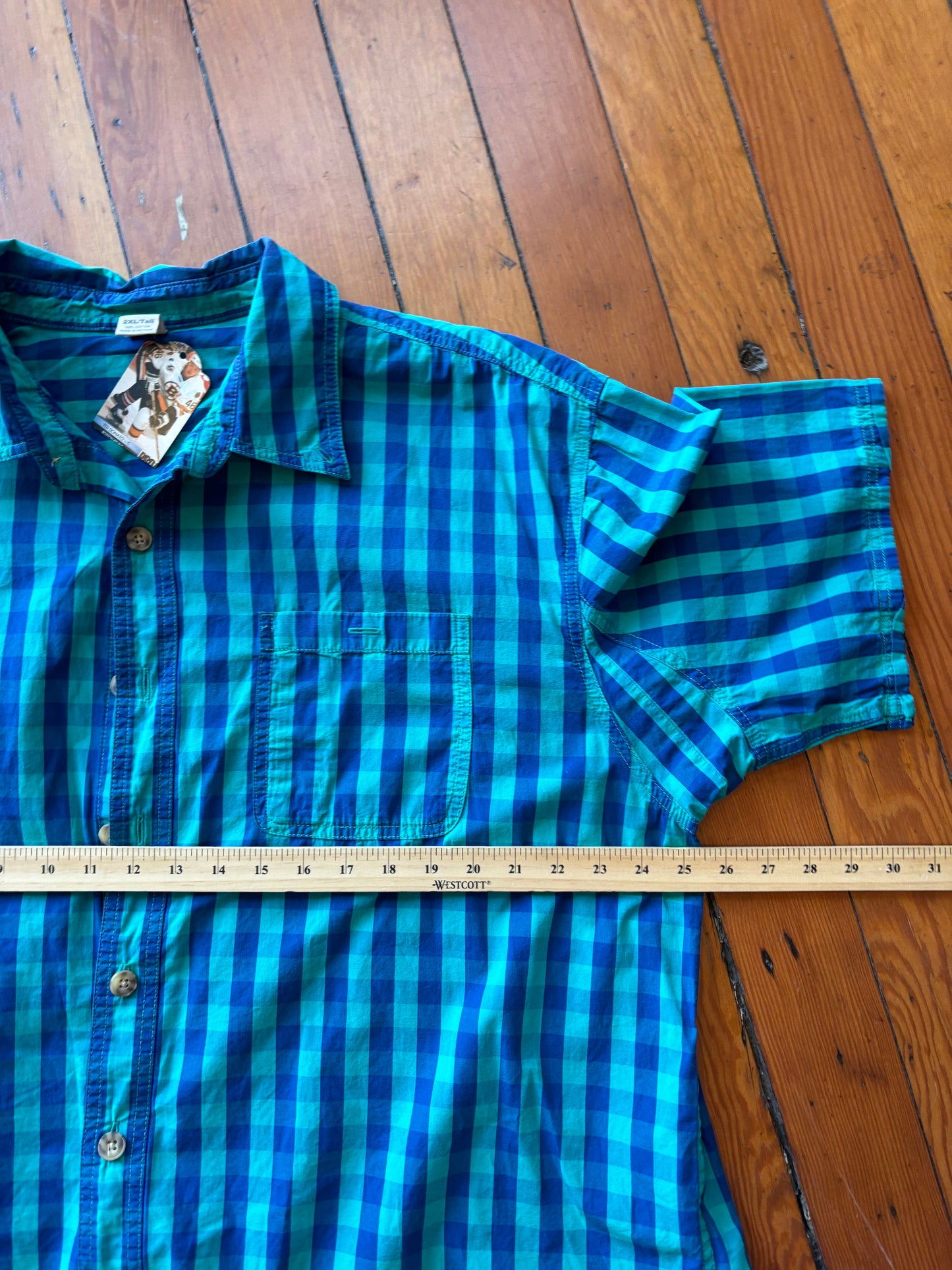 Size 2X tall blue-teal check Cotton Button-up