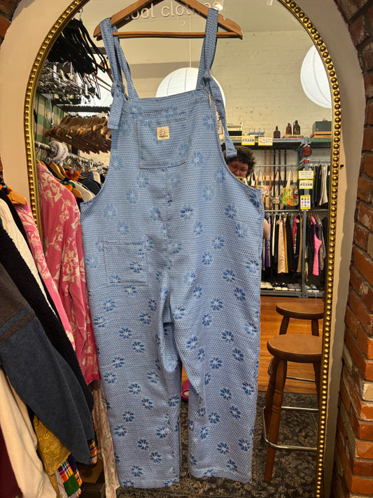 Blue jacquard dungarees by Woodbricks - tagged a size 3X but small fit