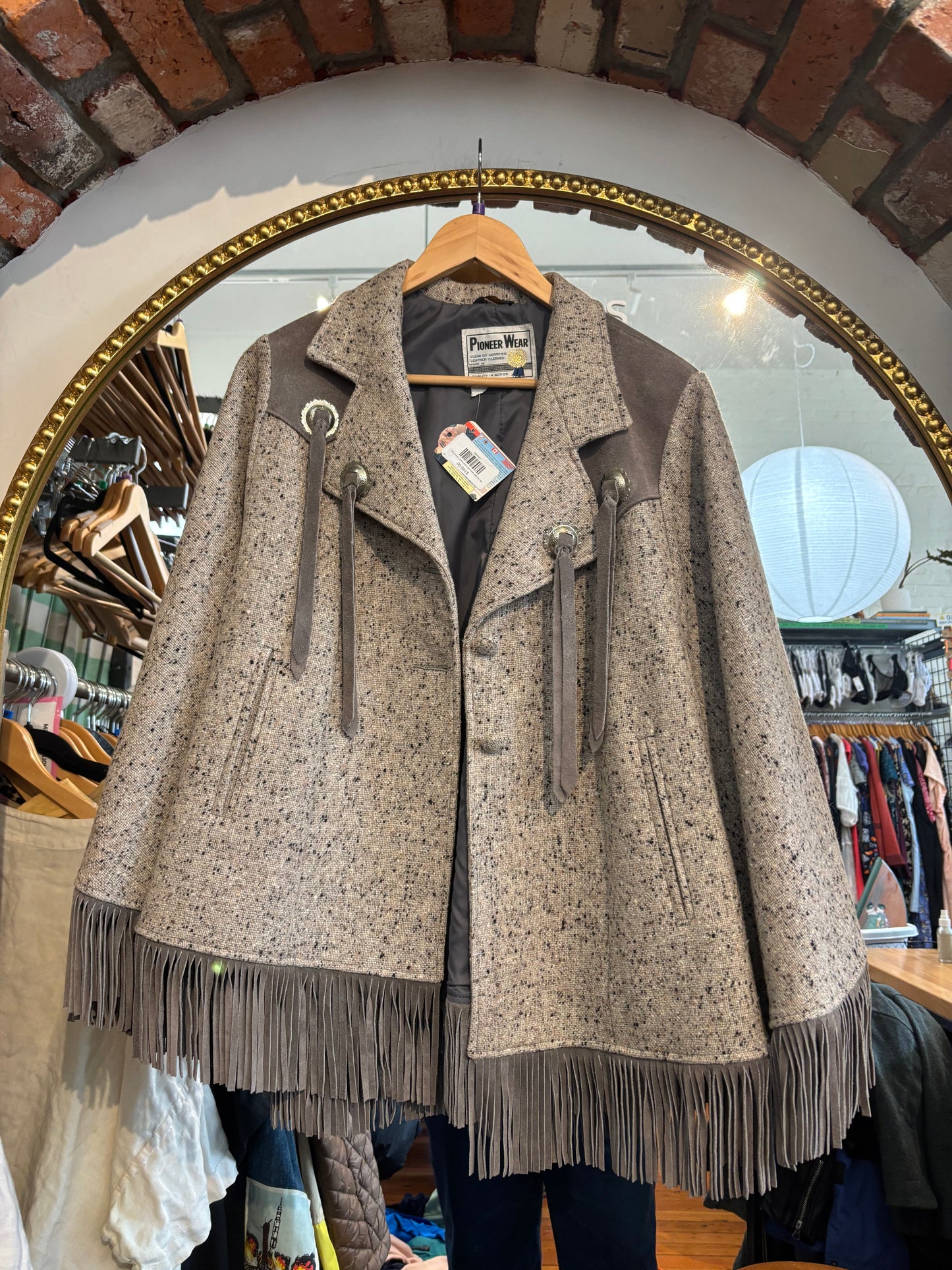 flex size grey speck with suede tassle Pioneer Wear vintage poncho cape