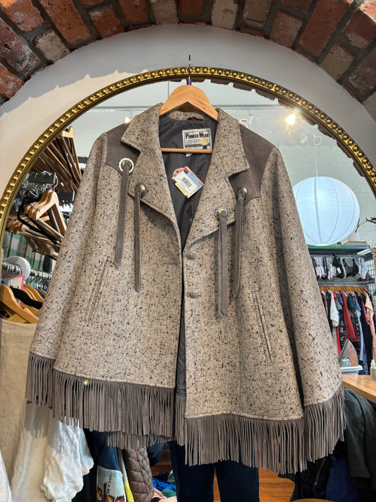 flex size grey speck with suede tassle Pioneer Wear vintage poncho cape
