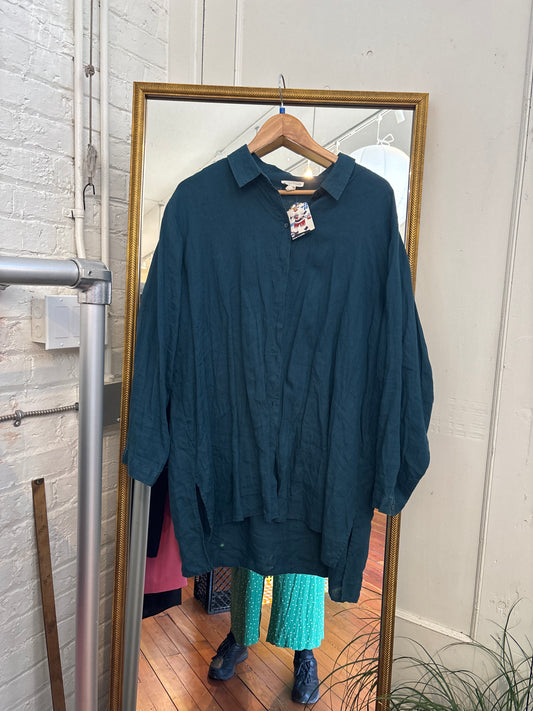 size 2X teal linen Eileen Fisher top - button up long sleeve