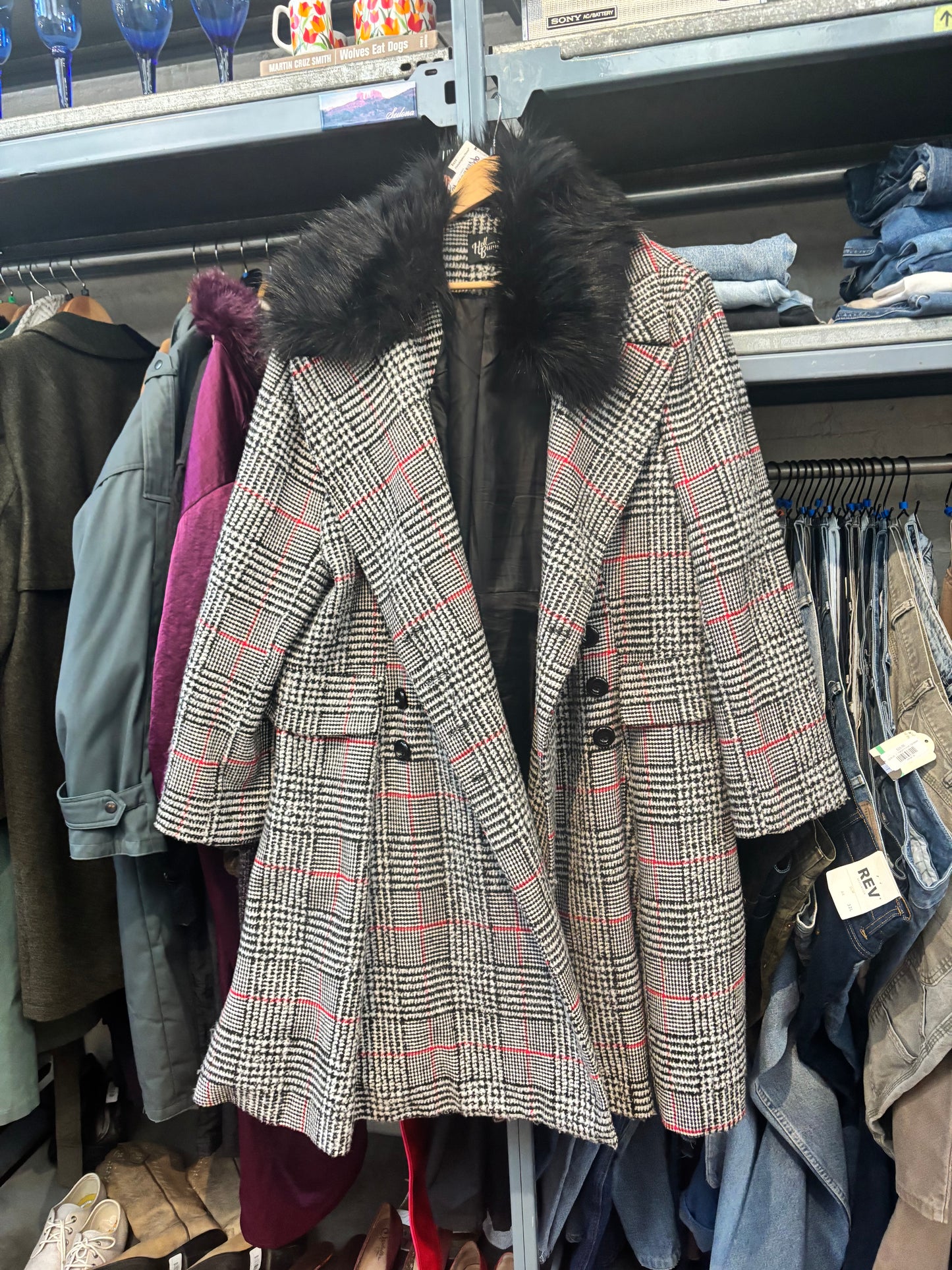 size UK22 black white with red houndstooth Hell Bunny jacket - long