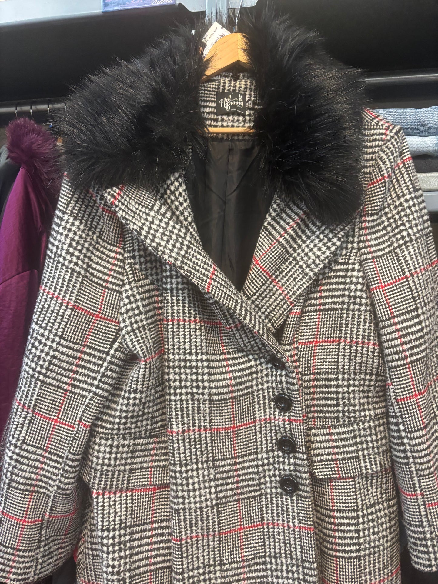 size UK22 black white with red houndstooth Hell Bunny jacket - long