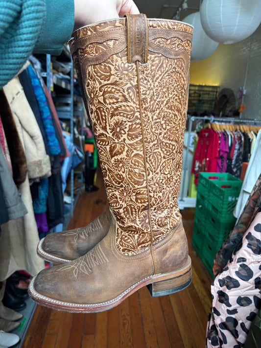 size 7.5 brown carved flowers Boulet boots - cowboy