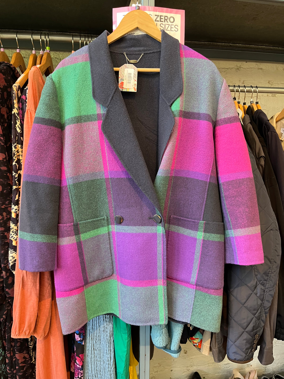 AS IS (wear) size XLish MERINO WOOL blend purple teal plaid VINTAGE  jacket - buttons