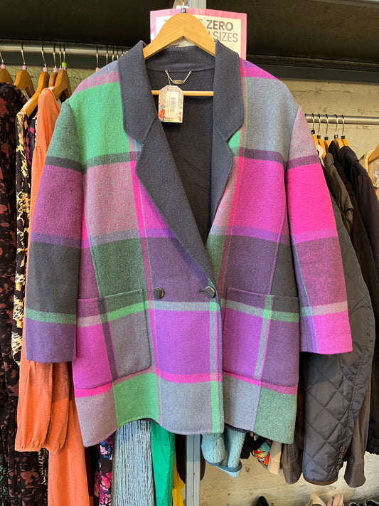 AS IS (wear) size XLish MERINO WOOL blend purple teal plaid VINTAGE  jacket - buttons