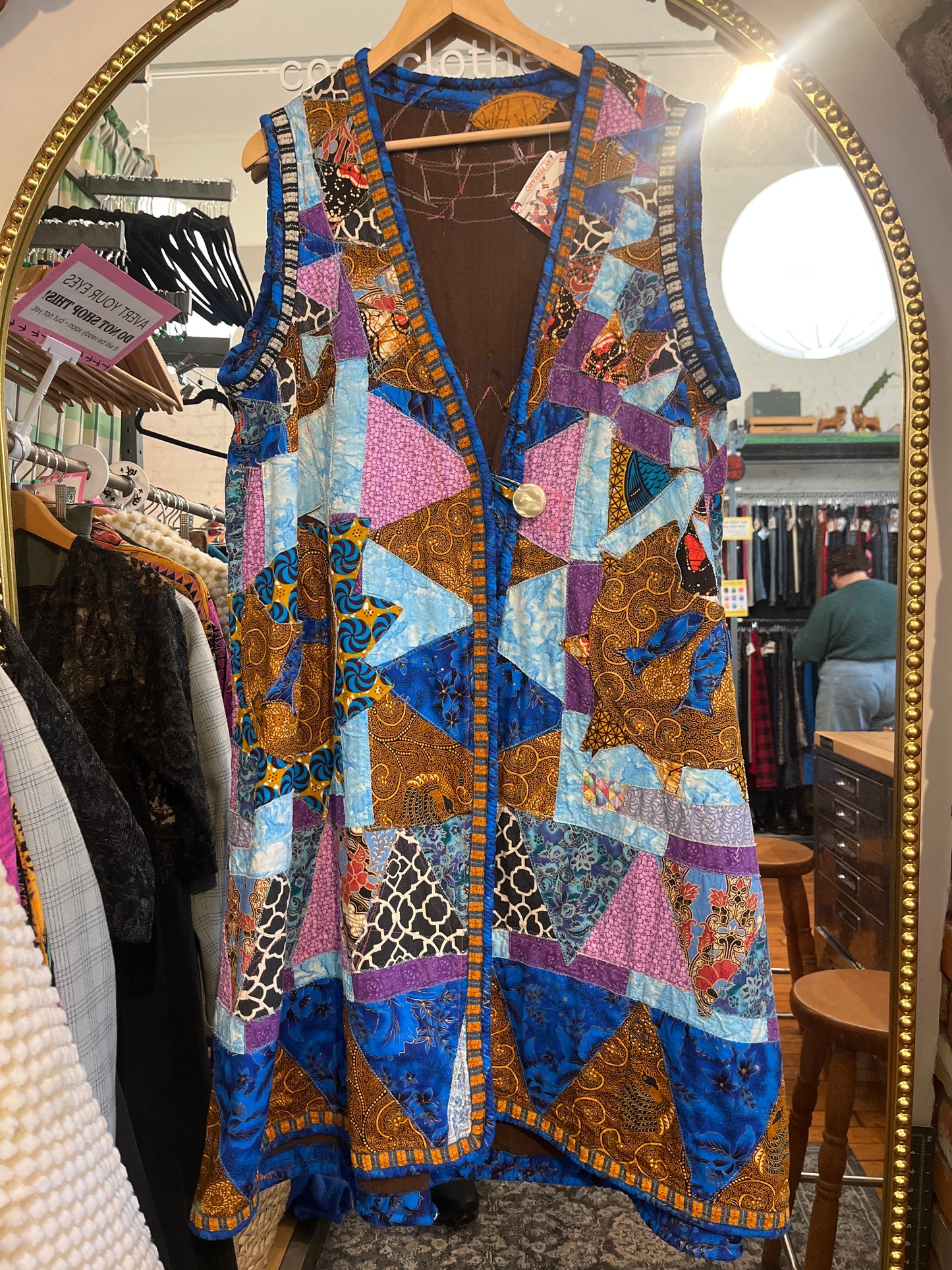 Locally made blue quilted vest jacket Wych Works ONE button