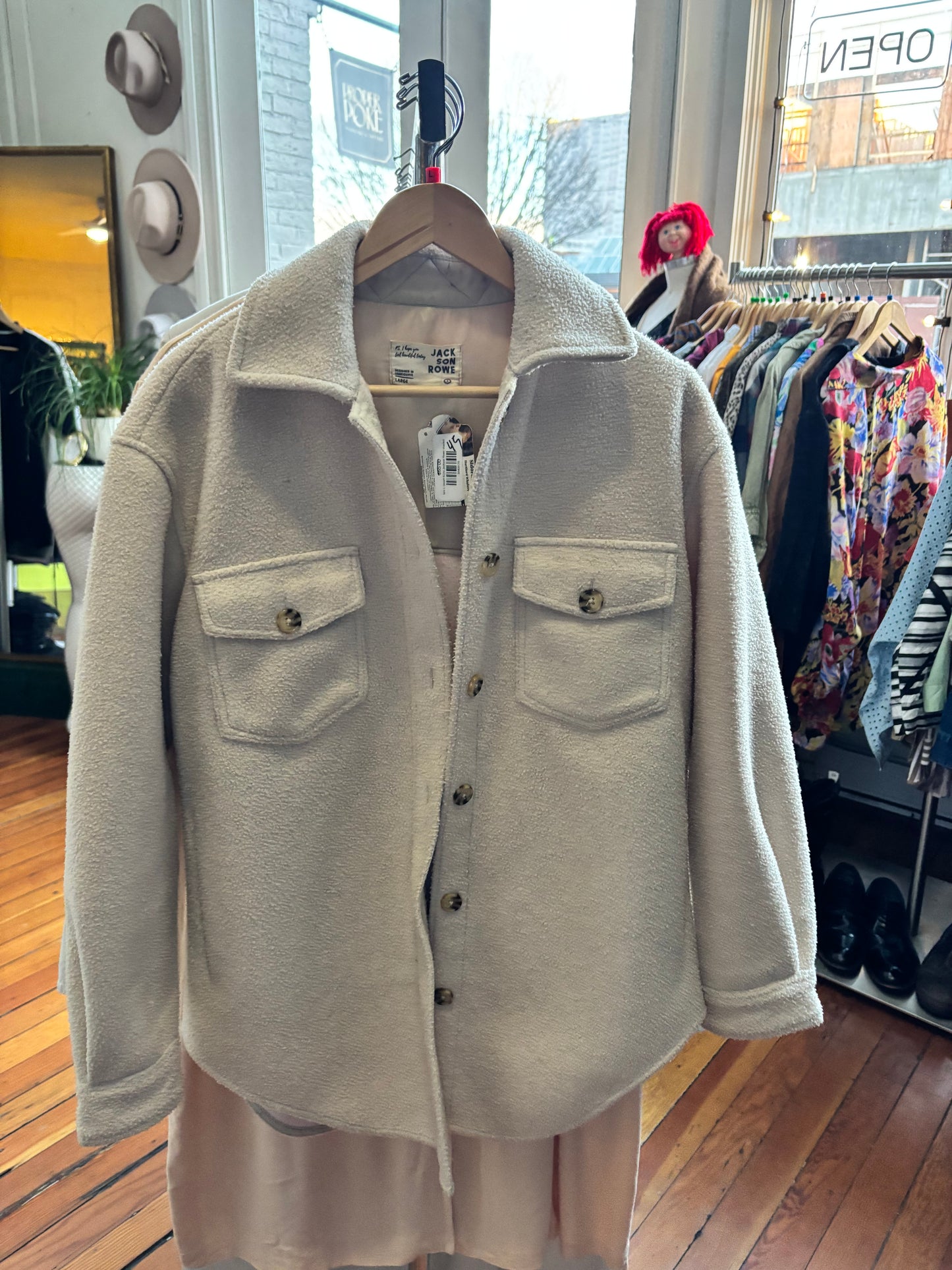 size L cream fuzzy Jackson Rowe shacket
