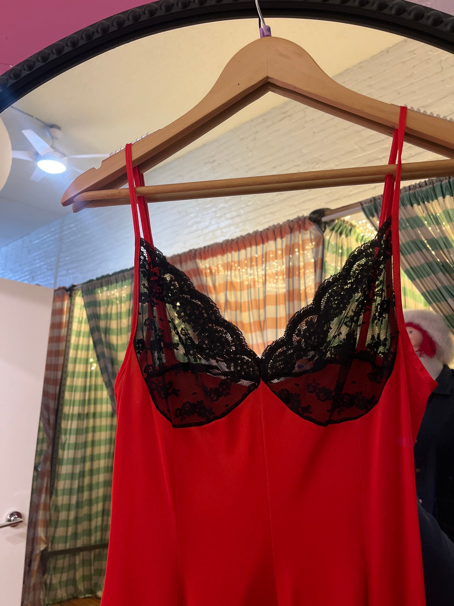 size L red with black lace VINTAGE Cahill Lingerie slip dress - long