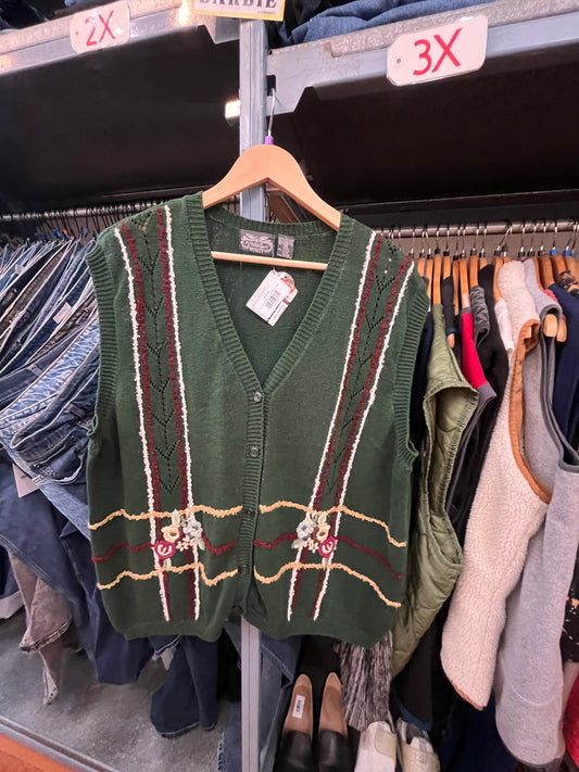 size 3X green knit with floral VINTAGE the Villager vest - knit