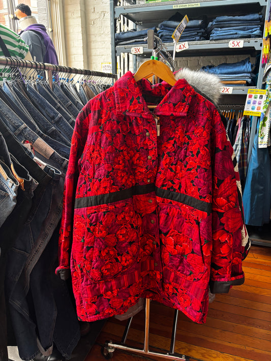 size XL quilted jacket by Woodbrick - extra long classic cut, red tulips
