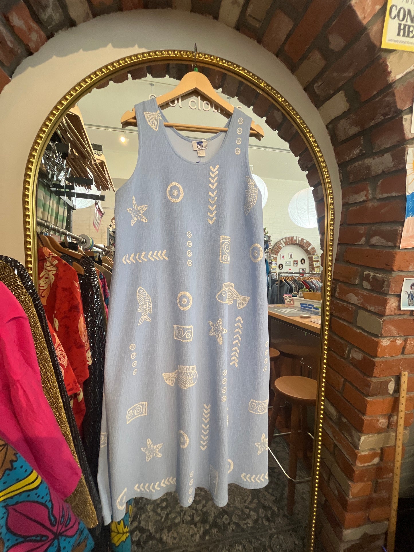 size 2X light blue with fish and swirls VINTAGE Fashion Code USA dress - long