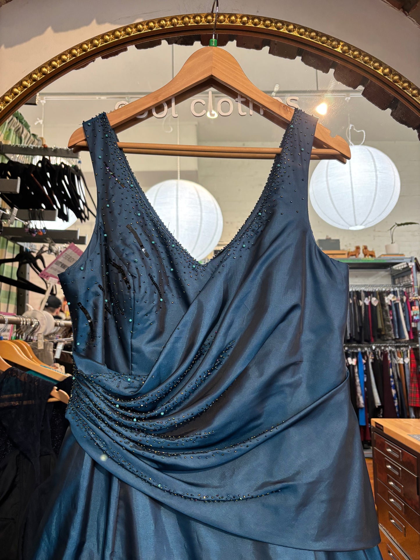 size 18 90s turquoise satin beaded vintage  dress - long cocktail