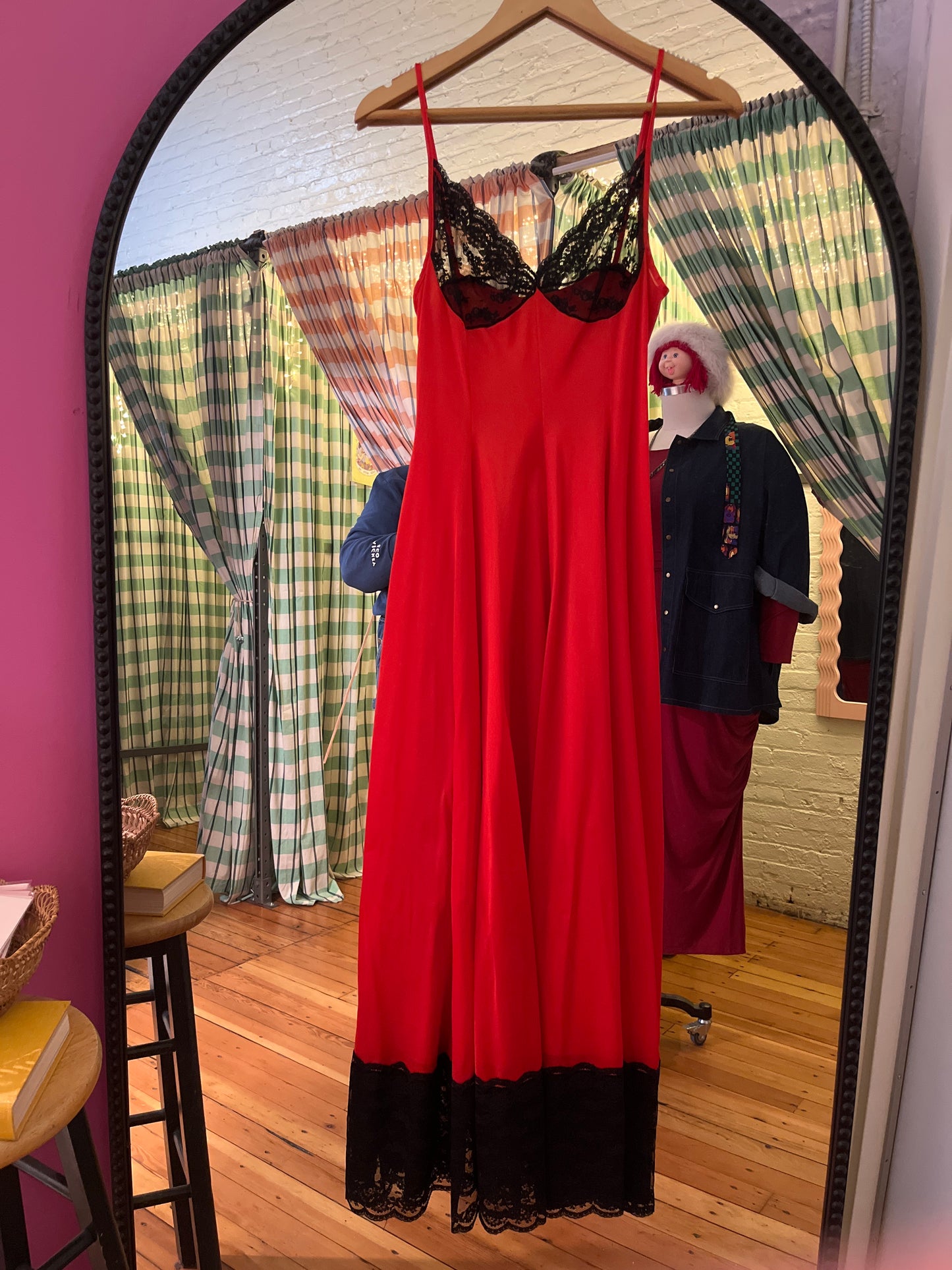 size L red with black lace VINTAGE Cahill Lingerie slip dress - long
