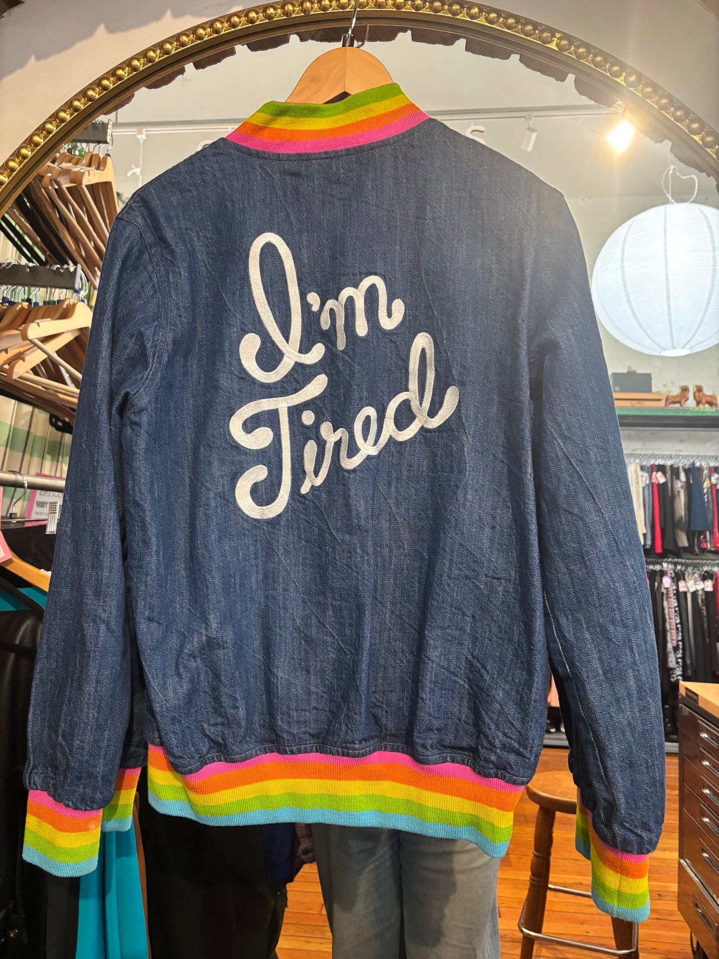 size XXL RARE Big Bud Press rainbow "I'm So Tired" jean jacket